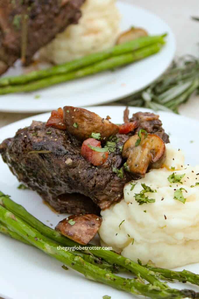 Red wine braised short ribs with mushrooms and pancetta.