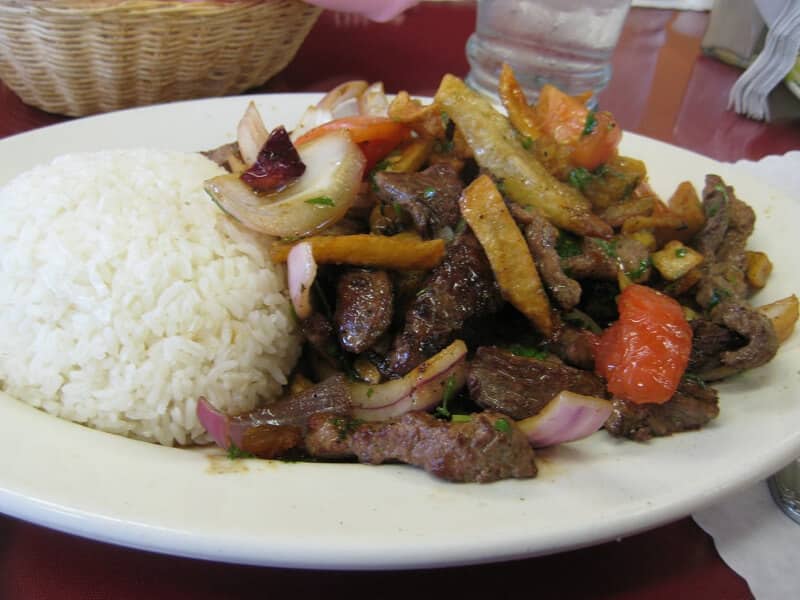 Peruvian lomo saltado with rice