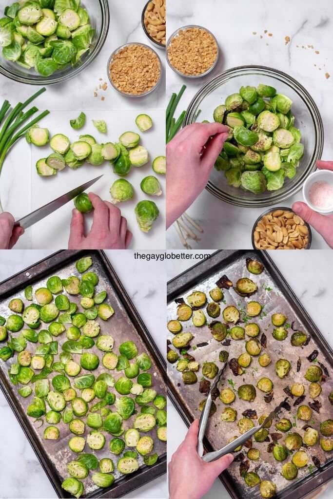 A collage of process shots roasting brussels sprouts.