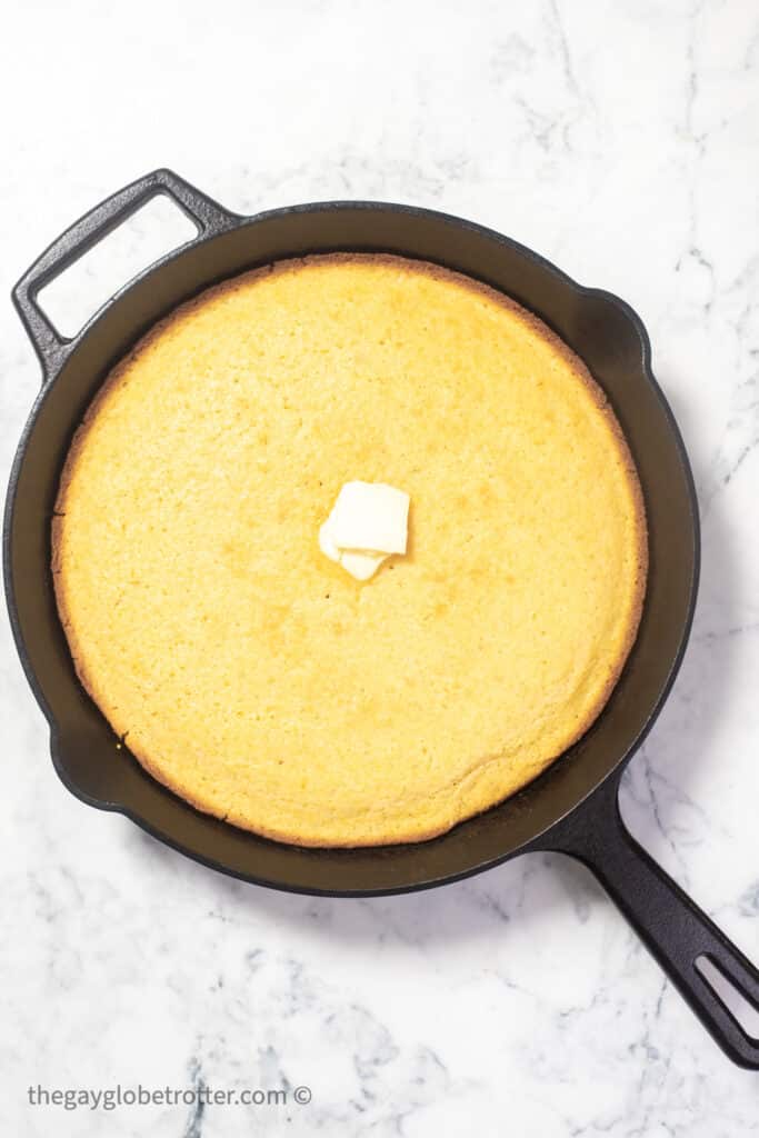 Skillet cornbread in a cast iron pan.