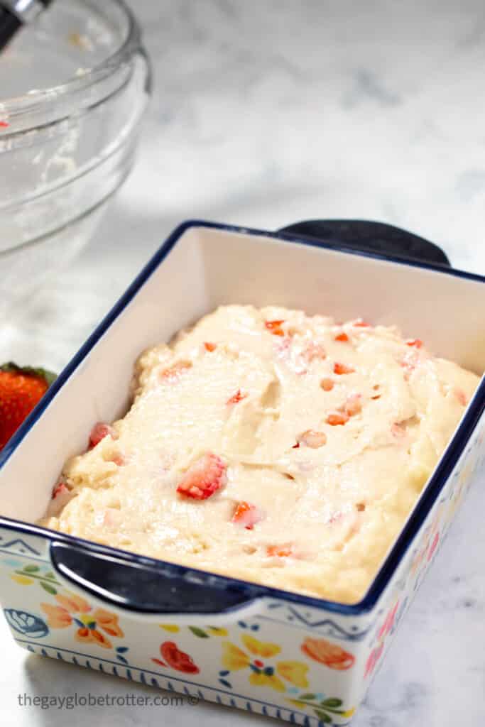 Strawberry bread batter in a bread pan.