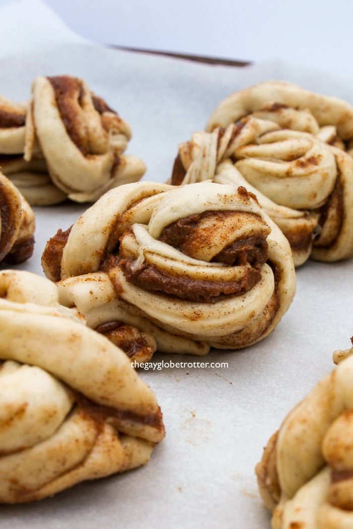 Swedish cinnamon buns (kanelbullar) about to be baked.