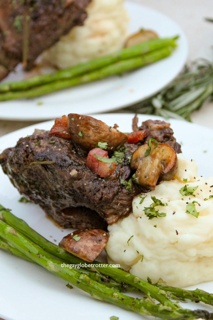 Red wine braised short ribs with mushrooms and pancetta.