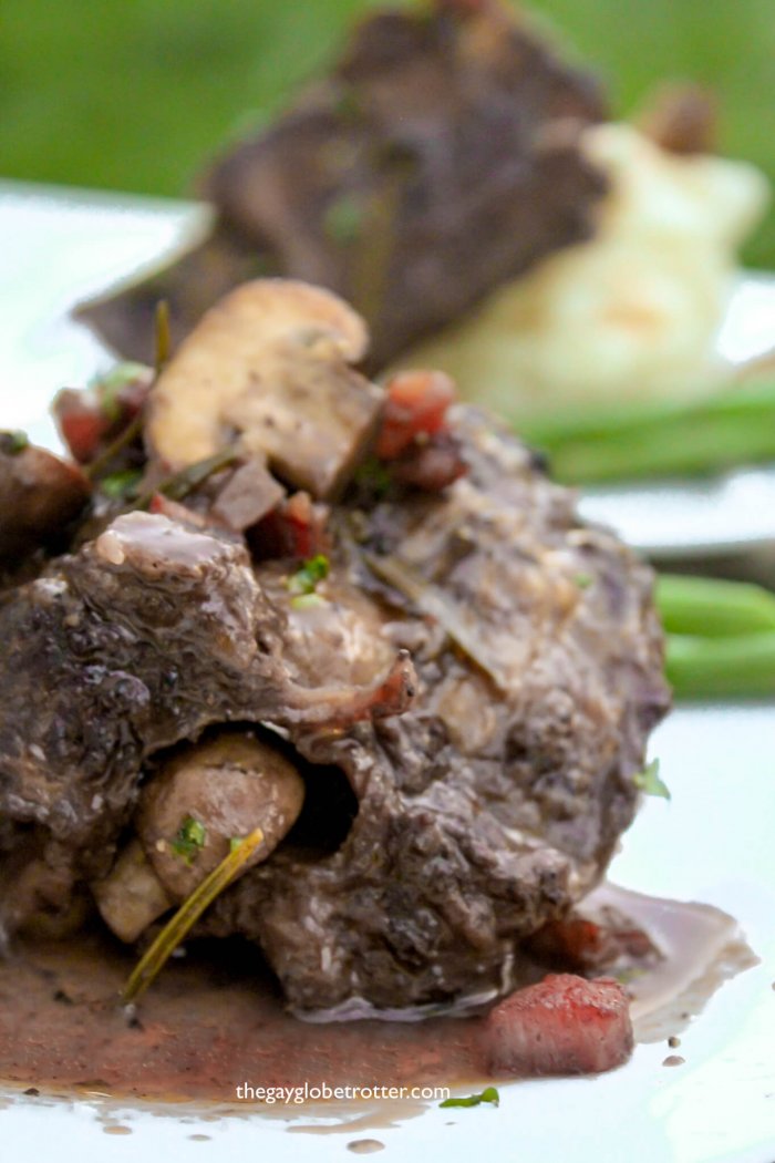 Red wine braised short ribs with mushrooms and pancetta.